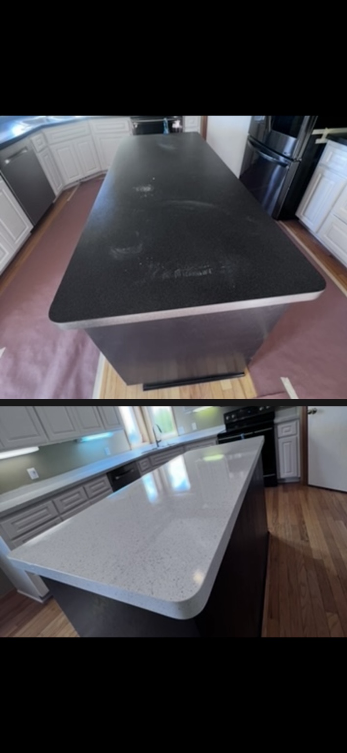 Kitchen island countertop before and after Abreeze Refinish countertop refinishing